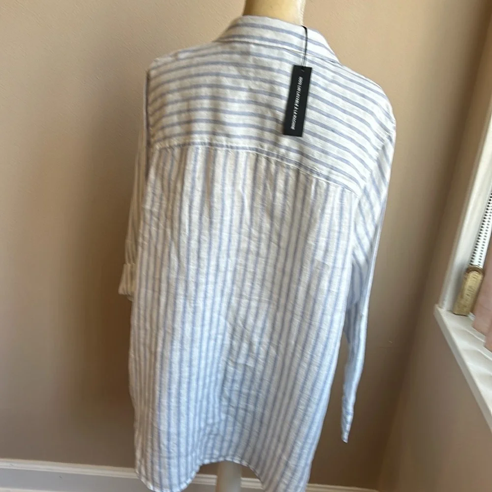 Jones New York Women Plus sz Linen Blouse Top Rolled Cuff Sleeve Nwt Blue Stripe - Picture 2 of 2